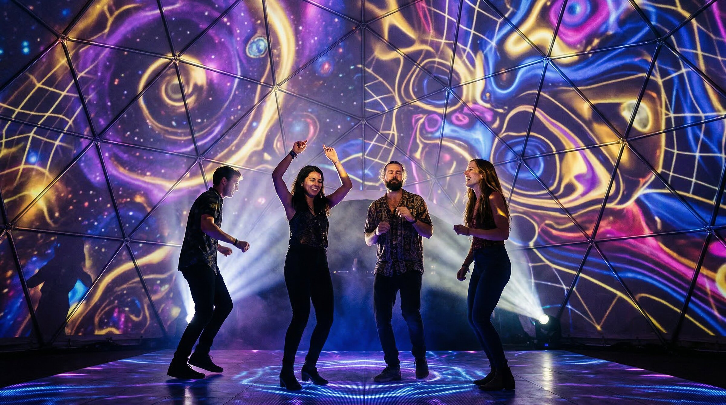 Small group dancing inside dome with vibrant abstract concert visuals