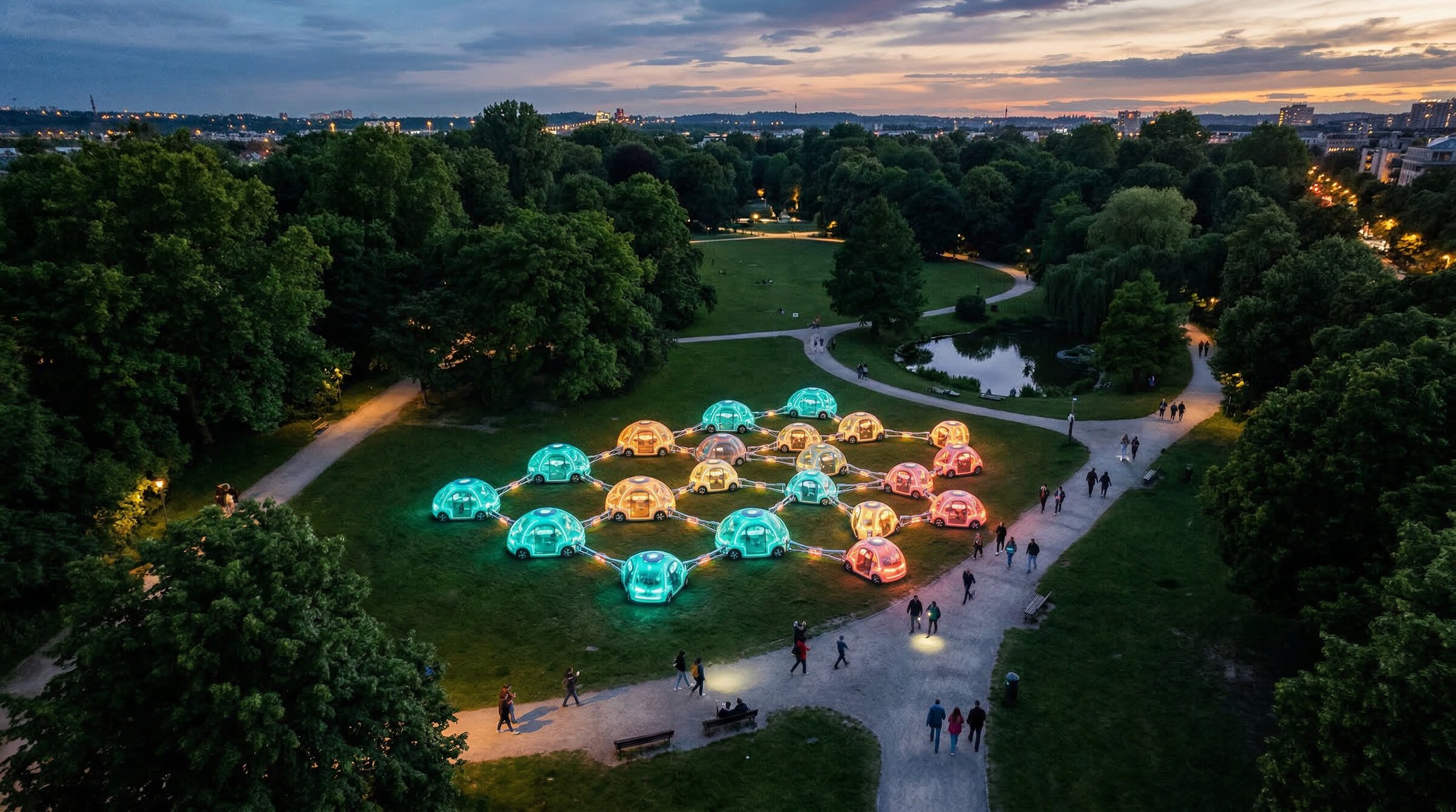 Twenty glowing domes converged in a park at twilight