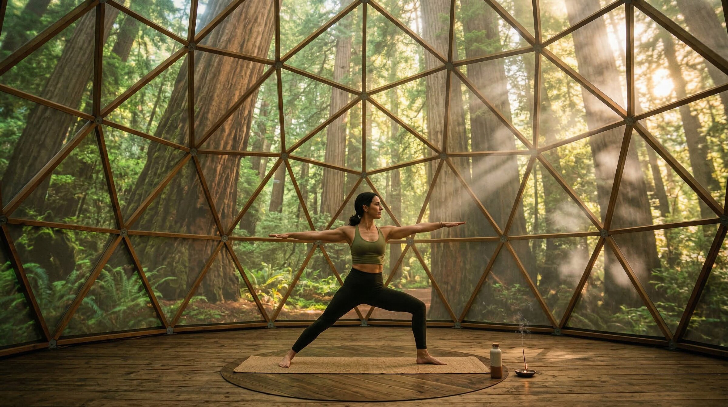 Woman doing yoga inside dome projecting ancient redwood forest