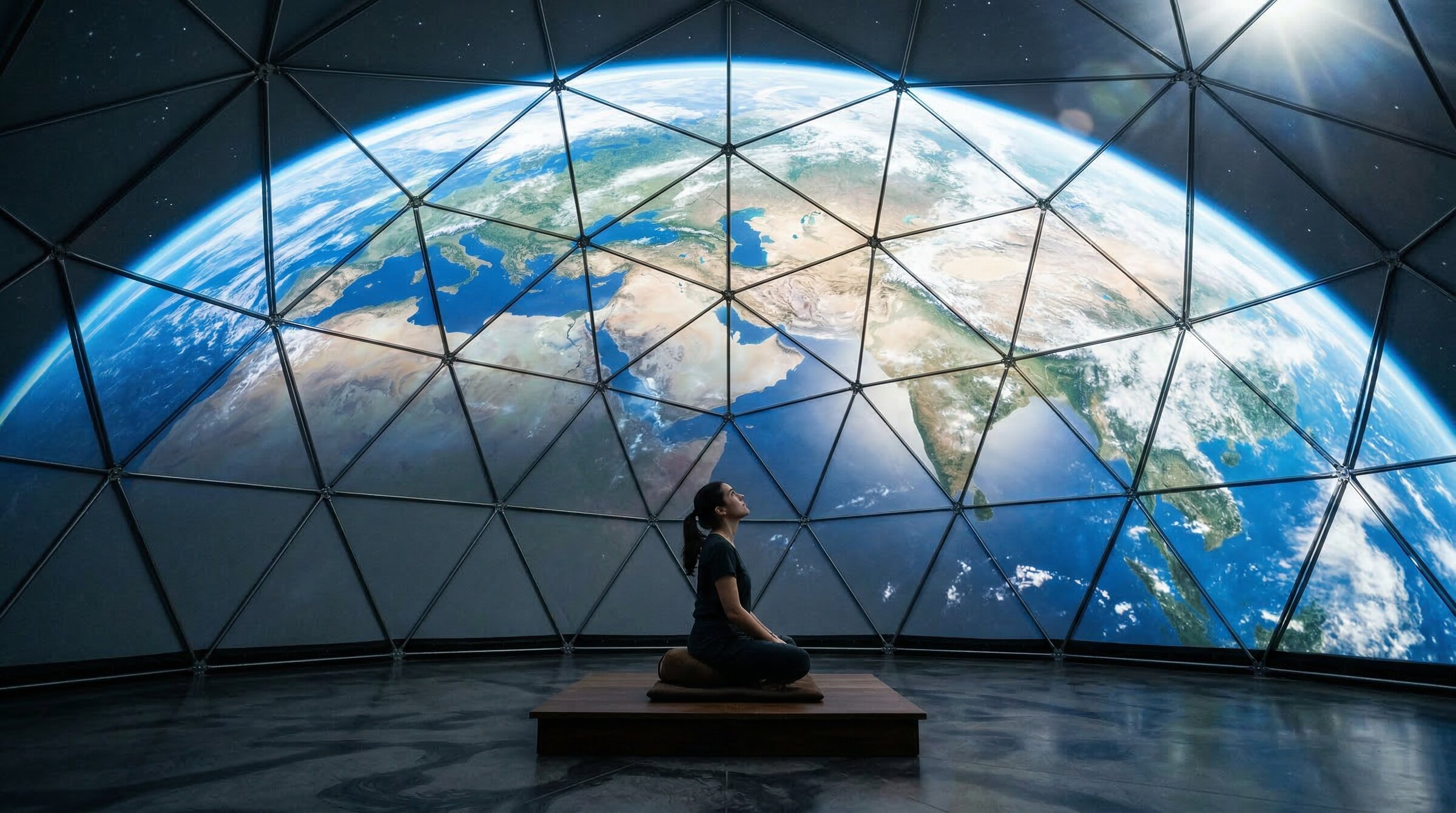 Person gazing up at Earth from orbit, projected inside dome