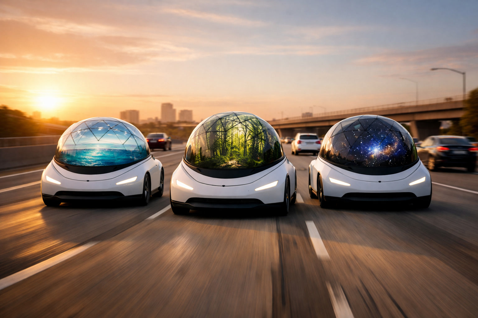 Three autonomous dome vehicles driving on a highway at sunset, each with different immersive scenes visible through their domes