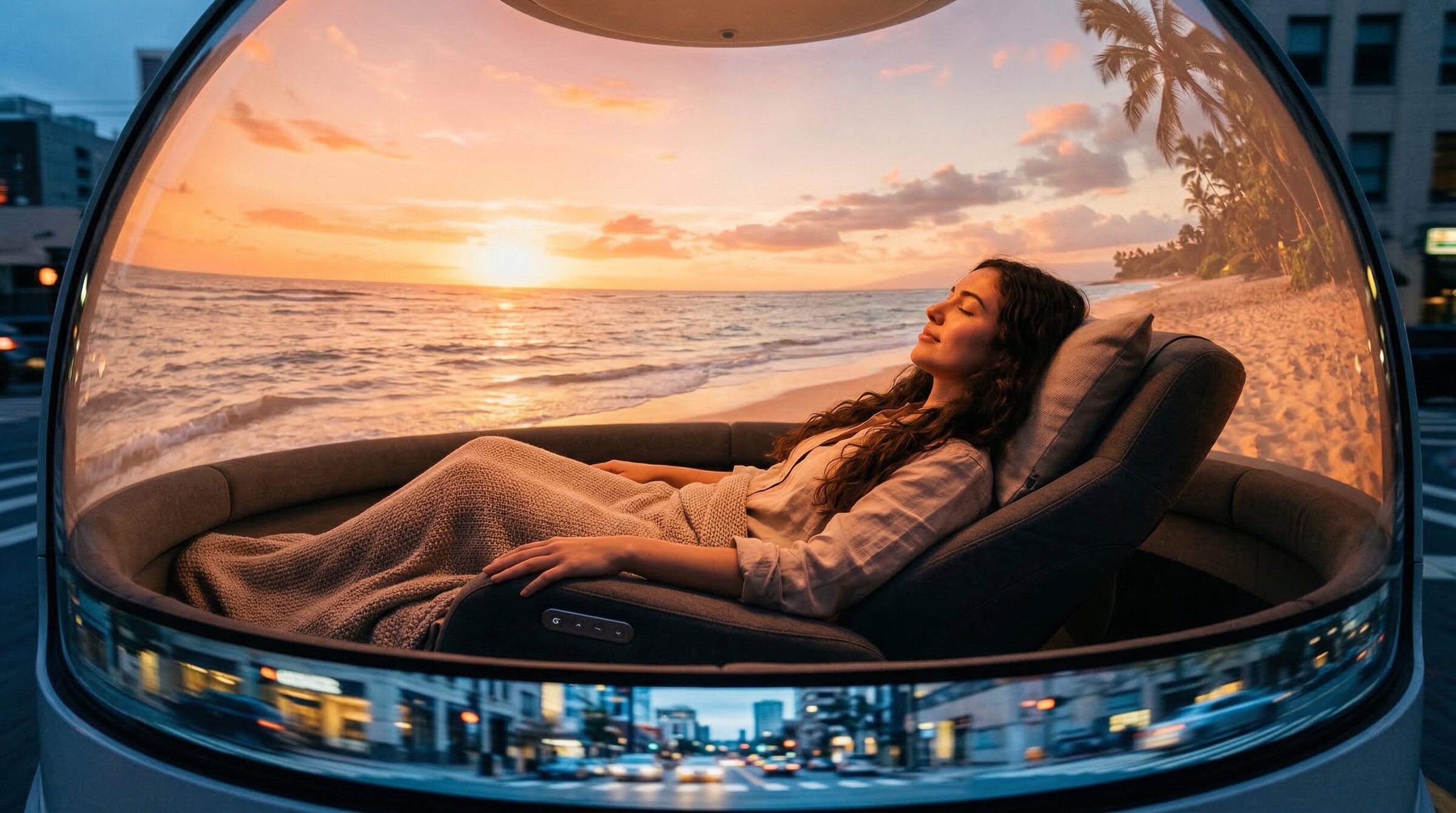 Inside a transit dome — passenger immersed in projected sunset
