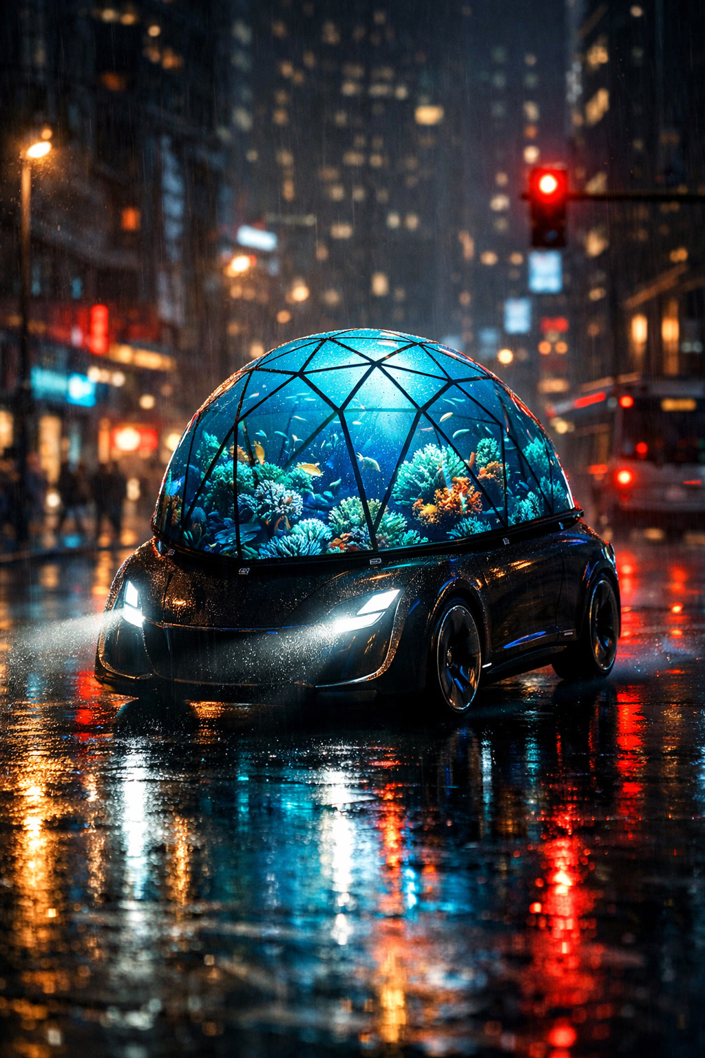Ellie Transit dome vehicle driving through rain-slicked city streets at night, coral reef glowing through the dome